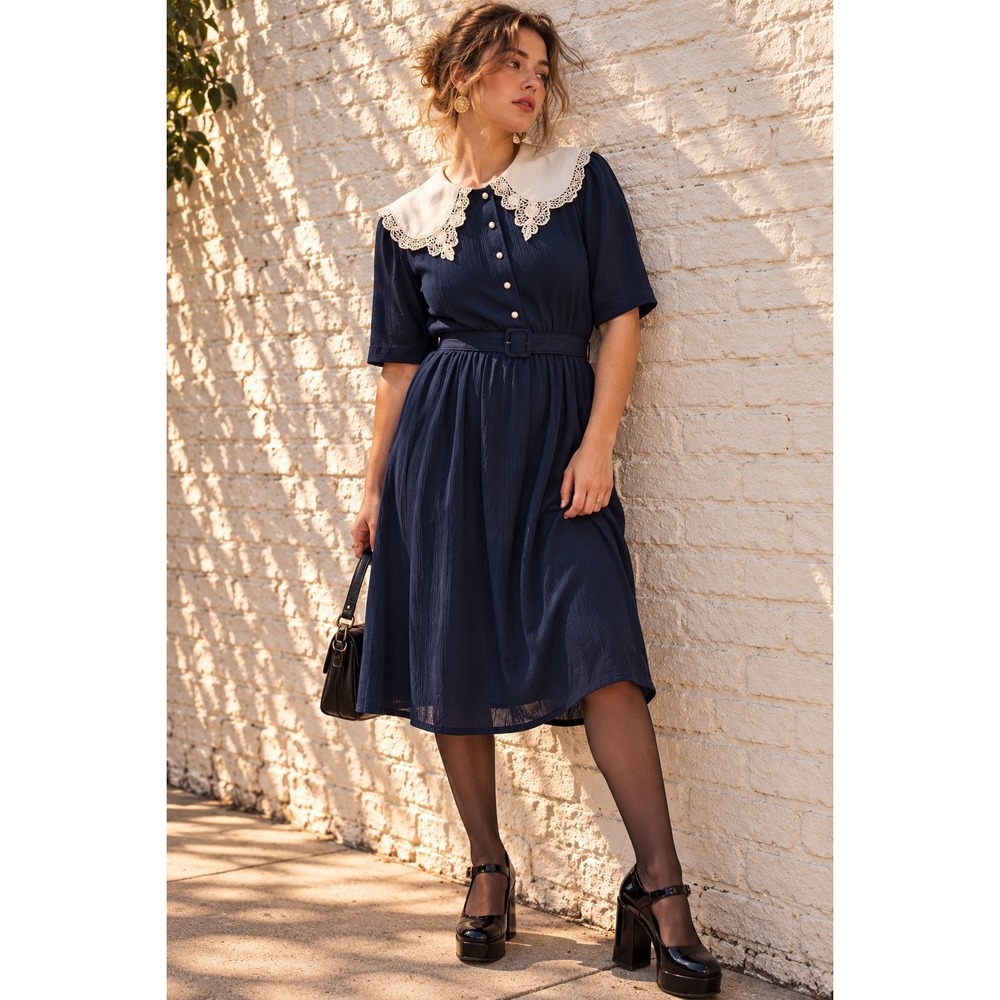 Vintage Carriage Court Navy Blue Lace Collar Midi Dress Size 14
